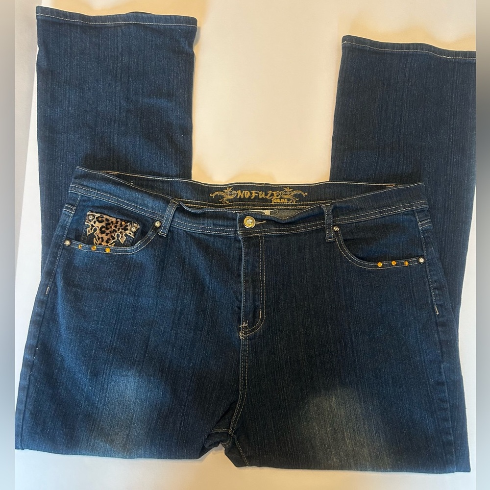 No Fuze Bootcut Jeans Plus Size 22 Womens Medium Wash Blue Leopard Print Bling‎